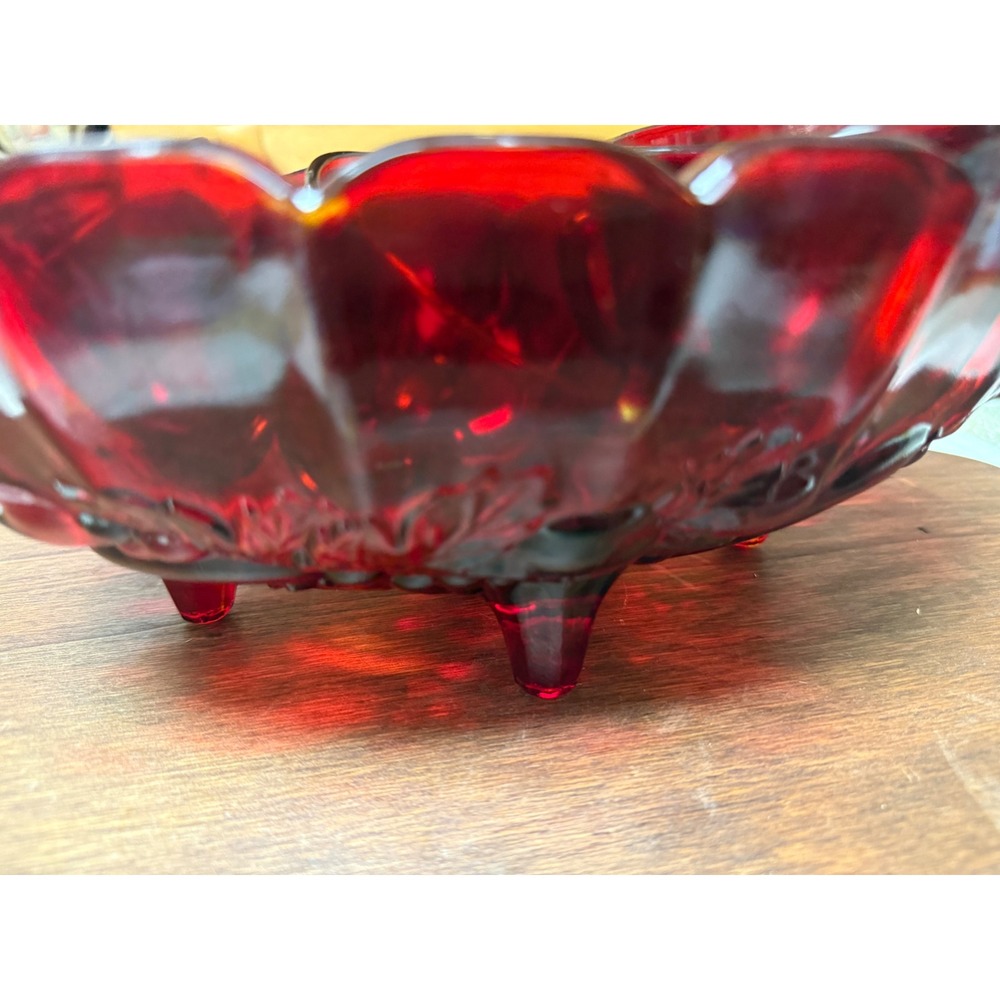 Vintage Indiana Glass Ruby Red Harvest Grape Footed Punch Bowl w/ 5 cups - Picture 3 of 5